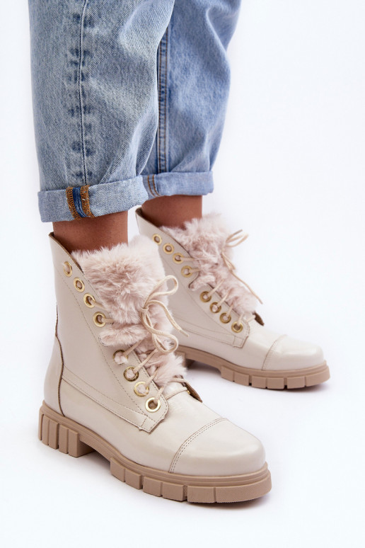 Leather Women's Boots With Faux Fur Light Beige Lewski 3296 Leather Women's Boots With Faux Fur Light Beige Lewski 3296