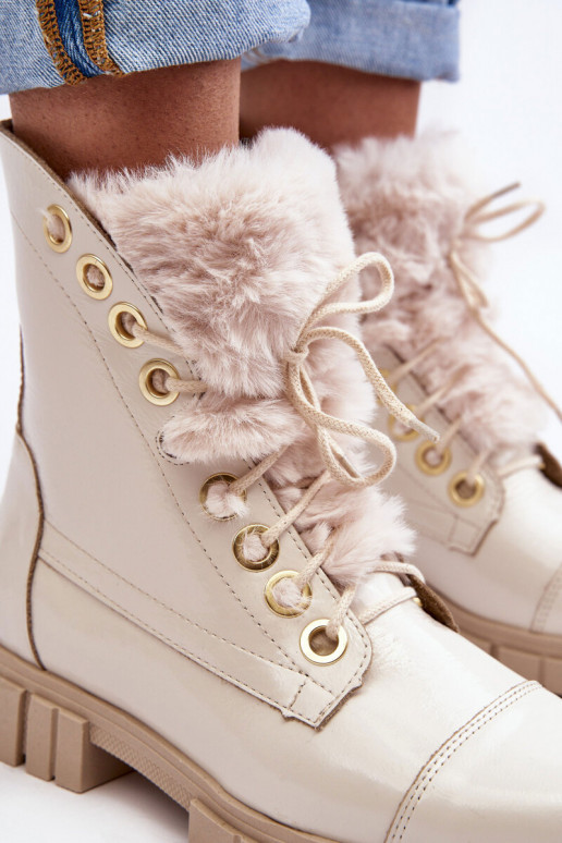 Leather Women's Boots With Faux Fur Light Beige Lewski 3296 Leather Women's Boots With Faux Fur Light Beige Lewski 3296