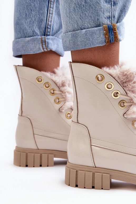 Leather Women's Boots With Faux Fur Light Beige Lewski 3296 Leather Women's Boots With Faux Fur Light Beige Lewski 3296