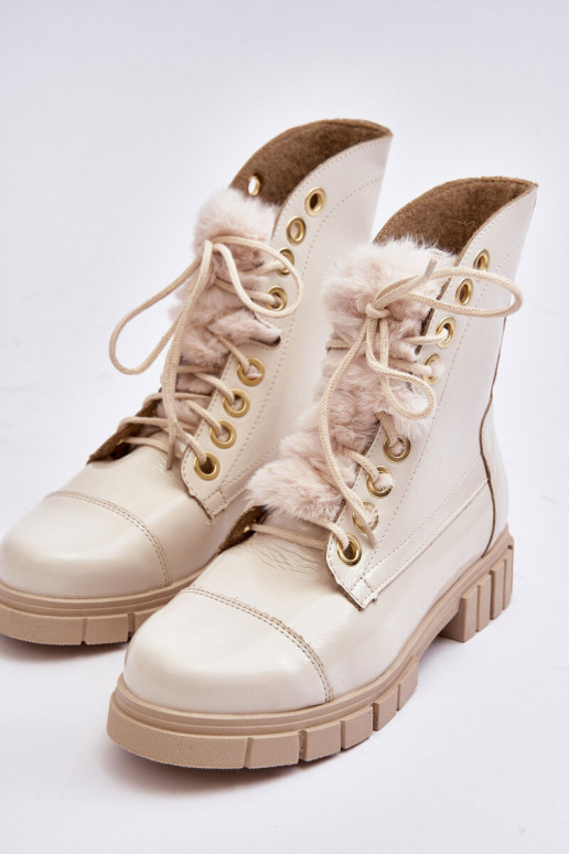Leather Women's Boots With Faux Fur Light Beige Lewski 3296 Leather Women's Boots With Faux Fur Light Beige Lewski 3296