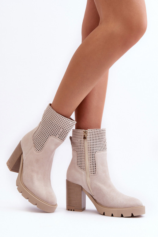 Women's Suede Aperture Ankle Boots On Heel Light Beige Lewski 3386 Women's Suede Aperture Ankle Boots On Heel Light Beige Lewski 3386