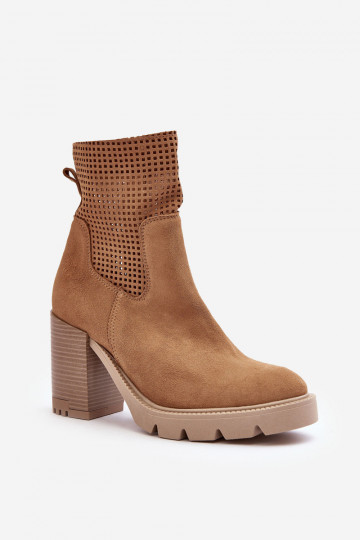 Women's Suede Openwork Boots On Heel Camel Lewski 3386 2