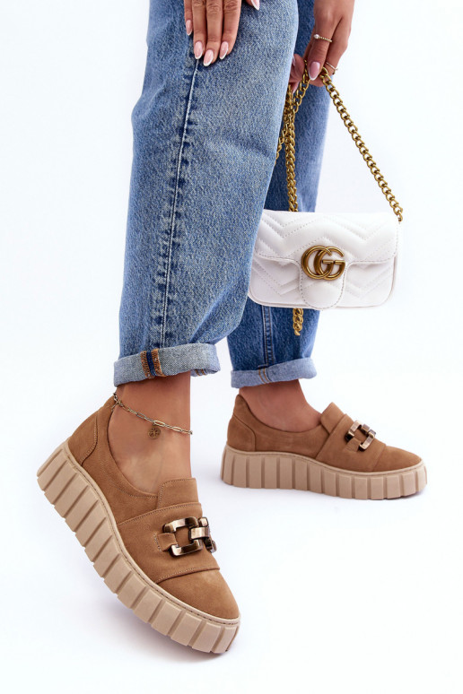Women's Suede Shoes on Platform with Decoration Dark Beige Lewski 3398