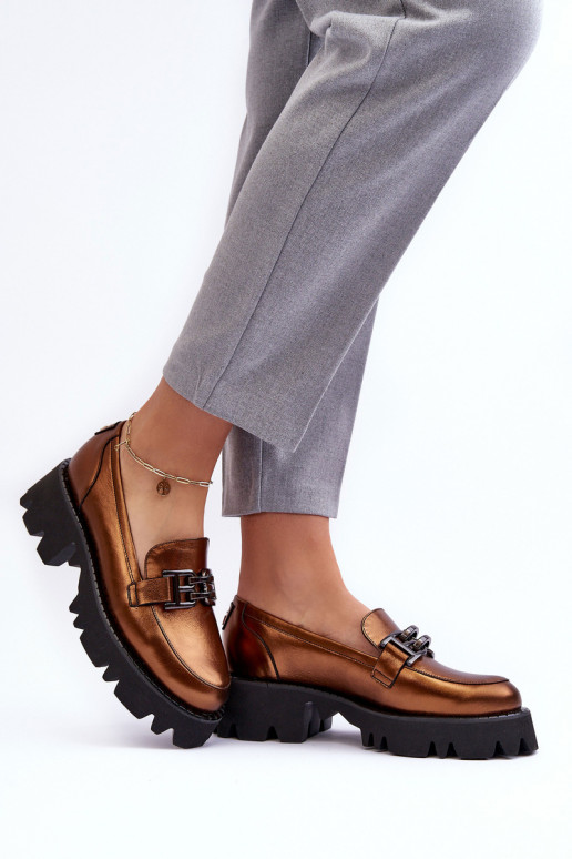 Damskie Skórzane Półbuty LoafersywithOzdobą Laura Messi 2699 Złote