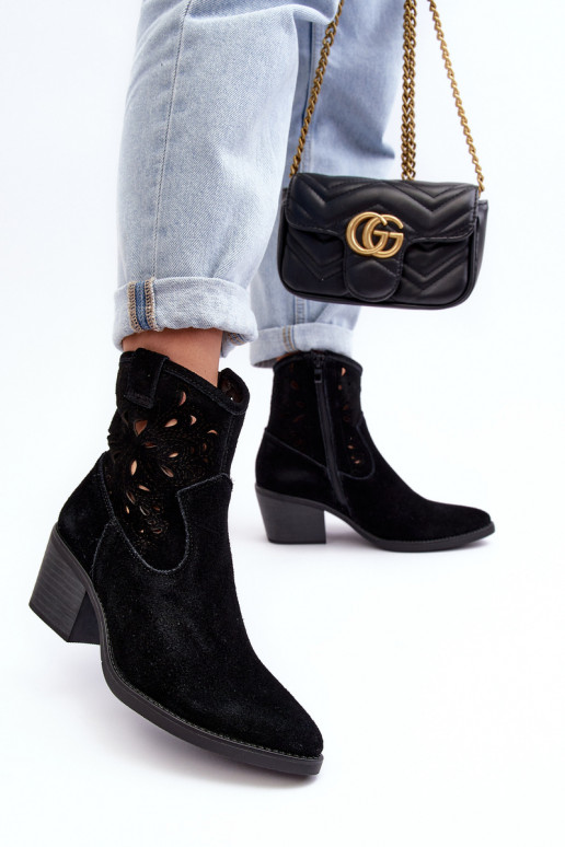 Zamszowe Botki Kowbojki Ażurowe D&A SN622-20 Czarne