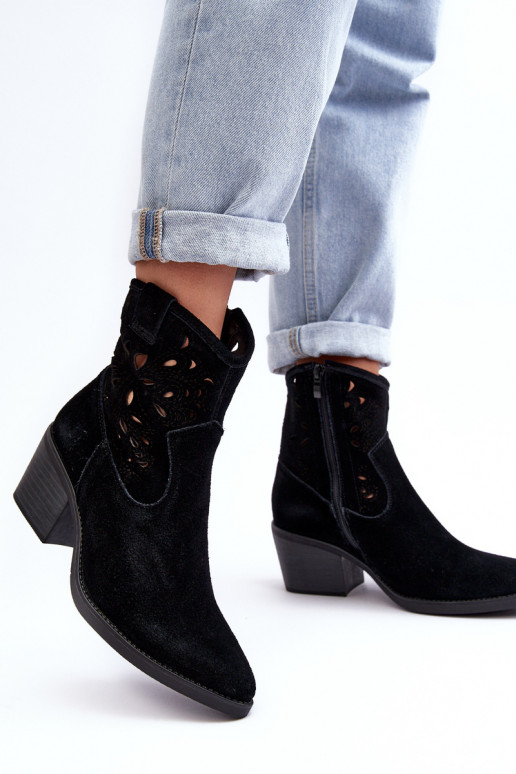 Zamszowe Botki Kowbojki Ażurowe D&A SN622-20 Czarne