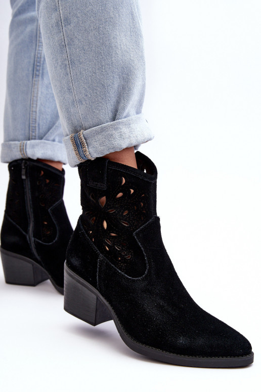 Zamszowe Botki Kowbojki Ażurowe D&A SN622-20 Czarne