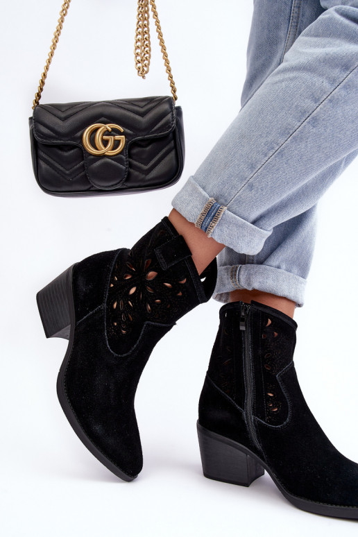 Zamszowe Botki Kowbojki Ażurowe D&A SN622-20 Czarne