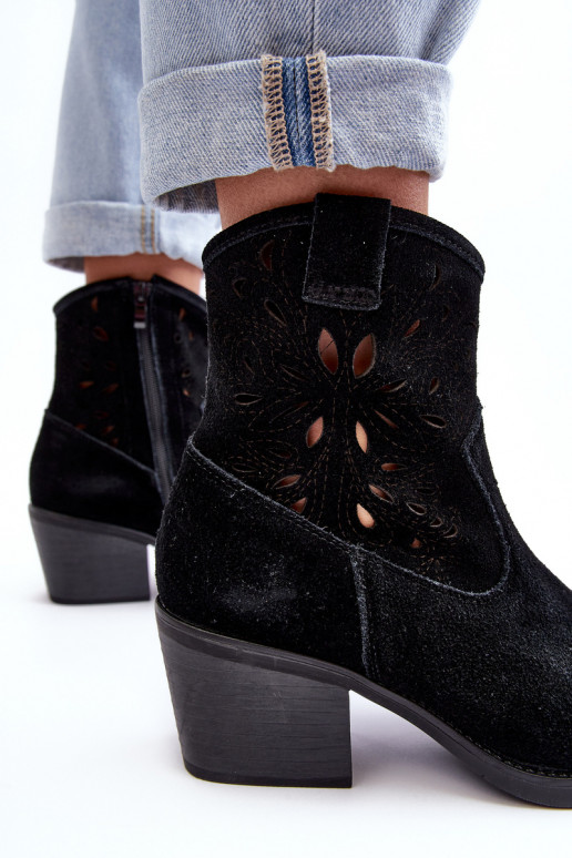 Zamszowe Botki Kowbojki Ażurowe D&A SN622-20 Czarne