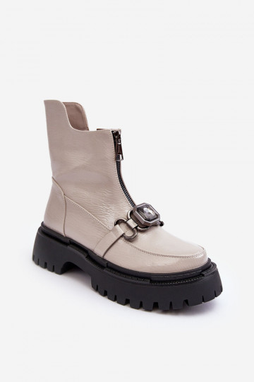 Lakierowane Damskie Botki Na Suwak D&A MR870-94 Jasnoszare 2