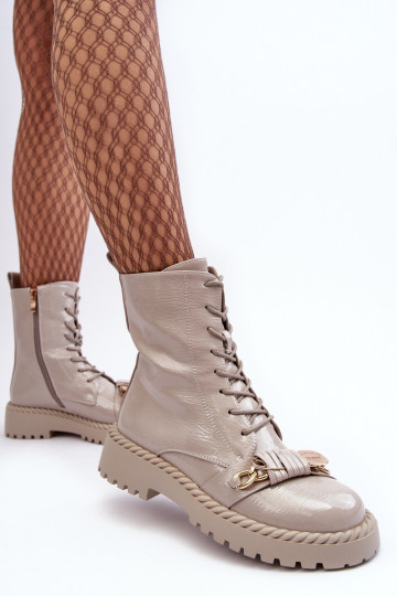 Damskie Lakierowane Botki WorkerywithOzdobą D&A MR870-67 Jasnoszare