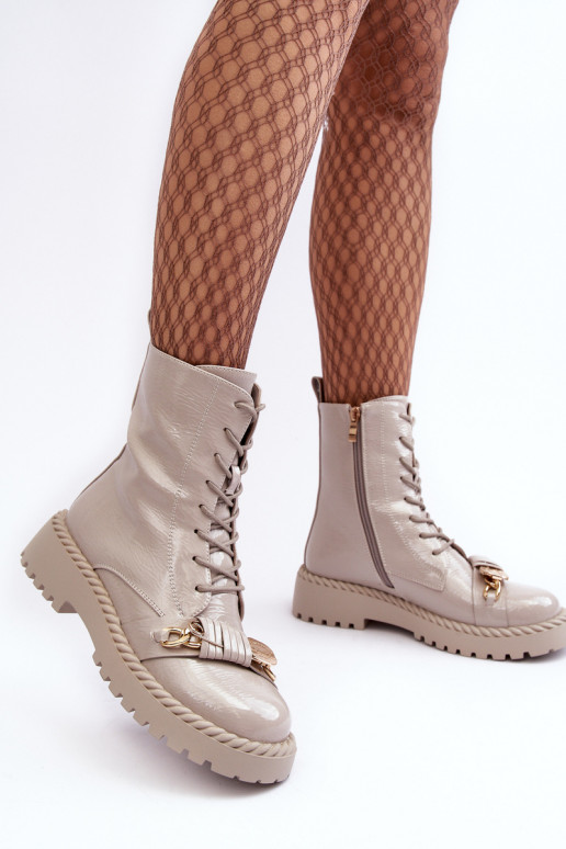 Women's Glossy Boots Workery with Ornament D&A MR870-67 Light Gray Women's Glossy Boots Workery with Ornament D&A MR870-67 Light Gray