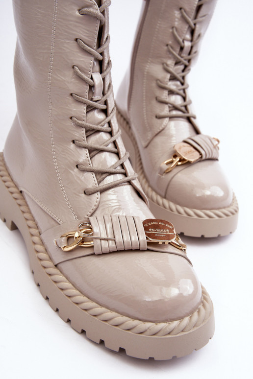 Women's Glossy Boots Workery with Ornament D&A MR870-67 Light Gray Women's Glossy Boots Workery with Ornament D&A MR870-67 Light Gray