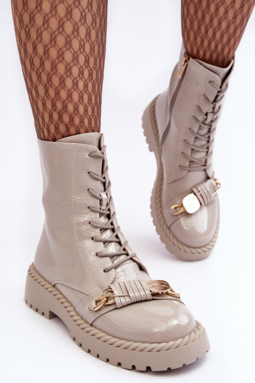 Women's Glossy Boots Workery with Ornament D&A MR870-67 Light Gray Women's Glossy Boots Workery with Ornament D&A MR870-67 Light Gray