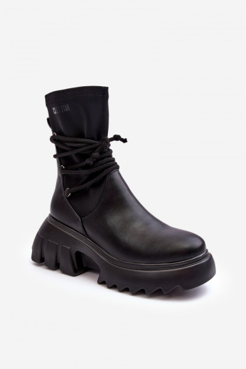Botki Na Masywnej PlatformiewithWiązaniem Czarne Big Star MM274590