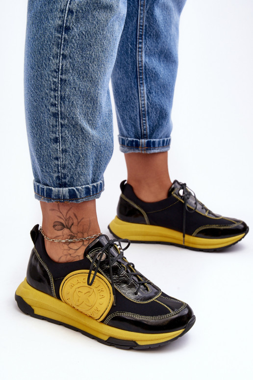 Damskie Buty Sportowe Skórzane Maciejka 06295-01 Czarno-Żółte