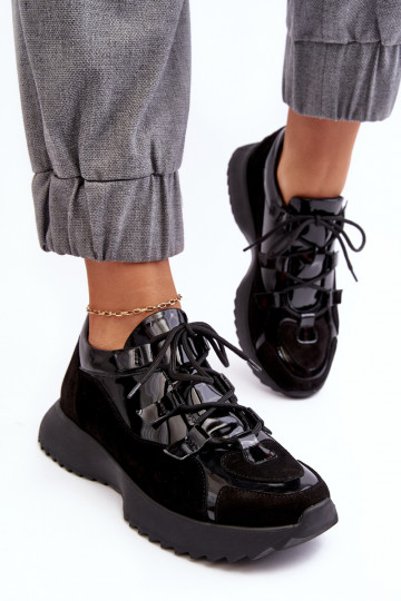 Skórzane Lakierowane Buty Sportowe Damskie M01/2 Zazoo Czarne