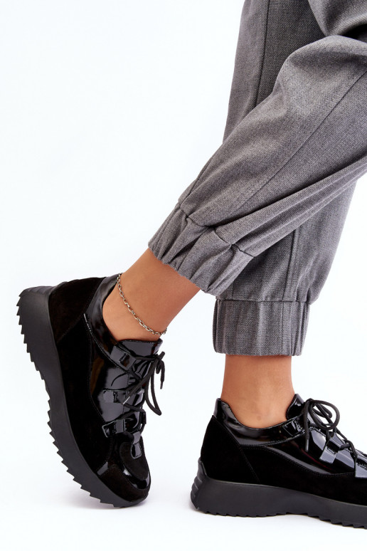 Skórzane Lakierowane Buty Sportowe Damskie M01/2 Zazoo Czarne