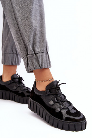 Damskie Skórzane Buty Sportowe Na Platformie M01/1 Zazoo Czarne