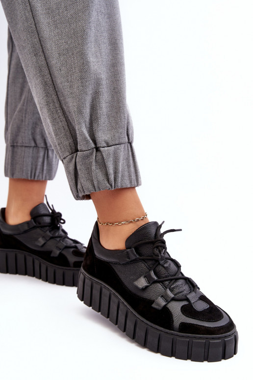 Damskie Skórzane Buty Sportowe Na Platformie M01/1 Zazoo Czarne