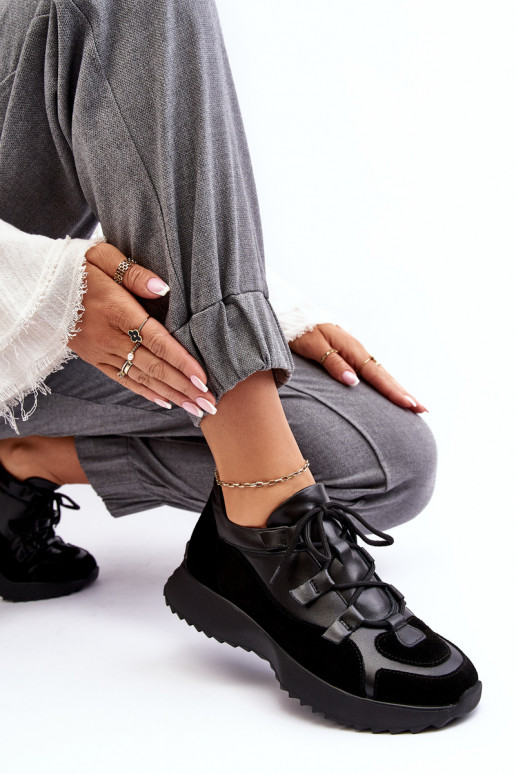 Skórzane Buty Sportowe Damskie M01/2 Zazoo Czarne Skórzane Buty Sportowe Damskie M01/2 Zazoo Czarne