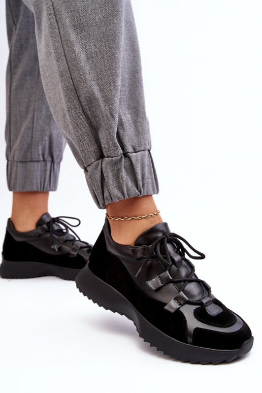 Skórzane Buty Sportowe Damskie M01/2 Zazoo Czarne Skórzane Buty Sportowe Damskie M01/2 Zazoo Czarne