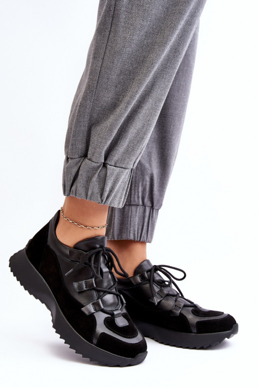 Skórzane Buty Sportowe Damskie M01/2 Zazoo Czarne Skórzane Buty Sportowe Damskie M01/2 Zazoo Czarne