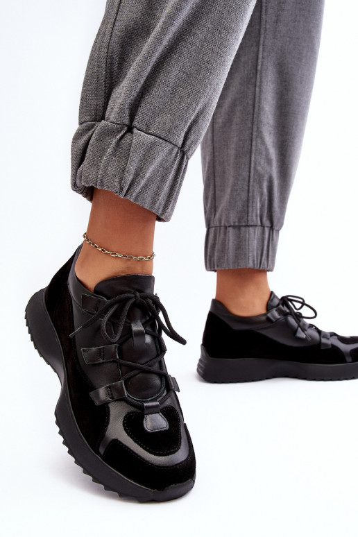 Skórzane Buty Sportowe Damskie M01/2 Zazoo Czarne Skórzane Buty Sportowe Damskie M01/2 Zazoo Czarne