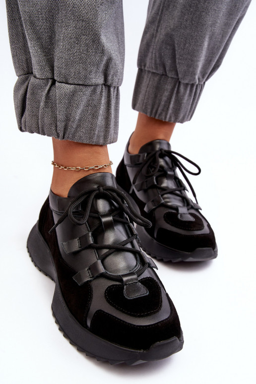 Skórzane Buty Sportowe Damskie M01/2 Zazoo Czarne Skórzane Buty Sportowe Damskie M01/2 Zazoo Czarne