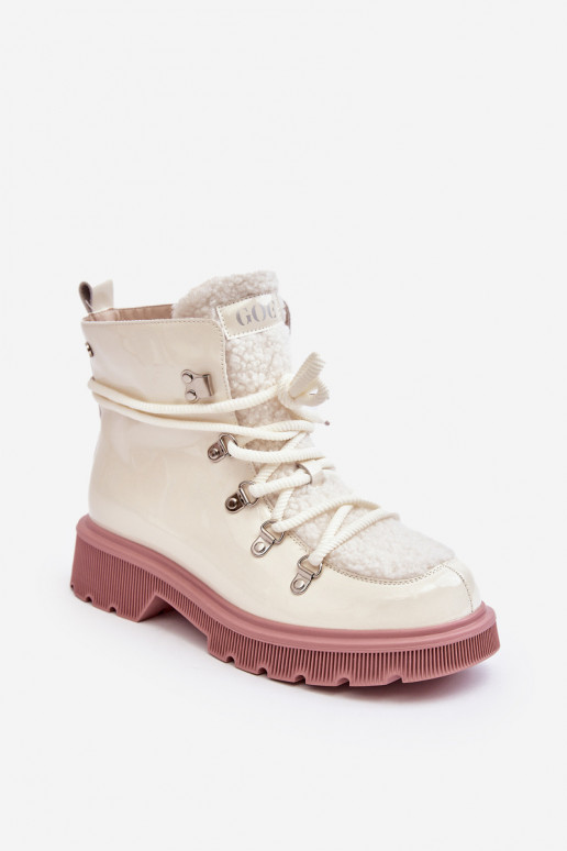 Women's Lacquered Leather Trapper Boots GOE MM2N4083 White Women's Lacquered Leather Trapper Boots GOE MM2N4083 White