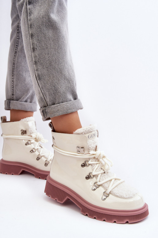 Women's Lacquered Leather Trapper Boots GOE MM2N4083 White Women's Lacquered Leather Trapper Boots GOE MM2N4083 White