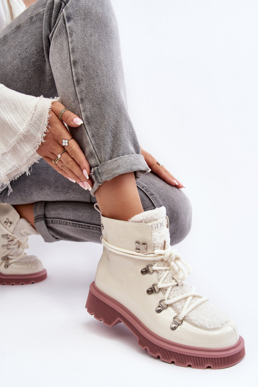 Lakierowane Skórzane Botki Trapery Damskie GOE MM2N4083 Białe