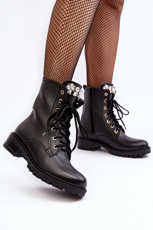 Leather Women's Boots Workery With Decoration Zazoo 1757 Black Leather Women's Boots Workery With Decoration Zazoo 1757 Black