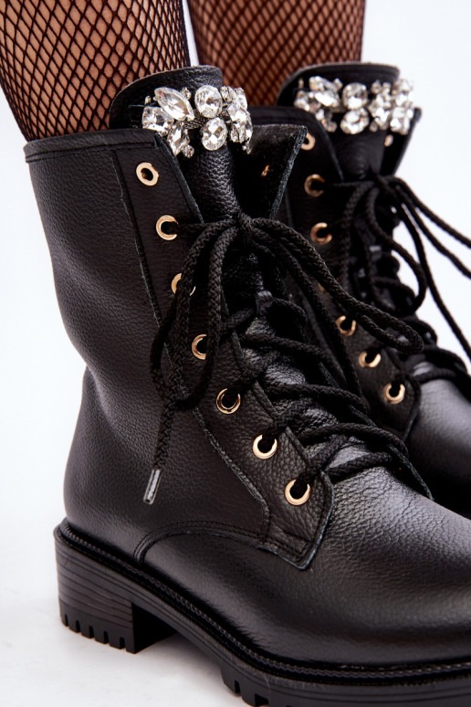 Skórzane Damskie Botki WorkerywithOzdobą Zazoo 1757 Czarne