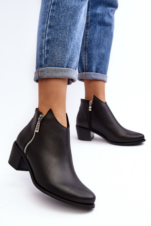 Skórzane Botki DamskiewithNiską Cholewką Na SłupkuwithSuwakami Czarne Annaja
