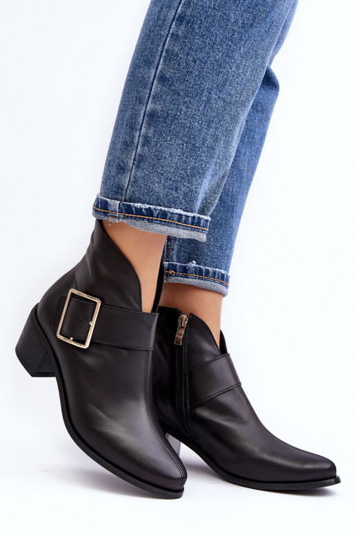 Women's leather ankle boots with low heel and buckle black Liliane