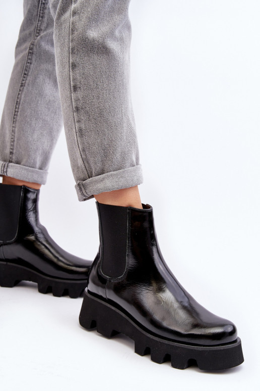 Botki Sztyblety Damskie Skórzane Na Masywnej Podeszwie Laura Messi 2571 Czarne