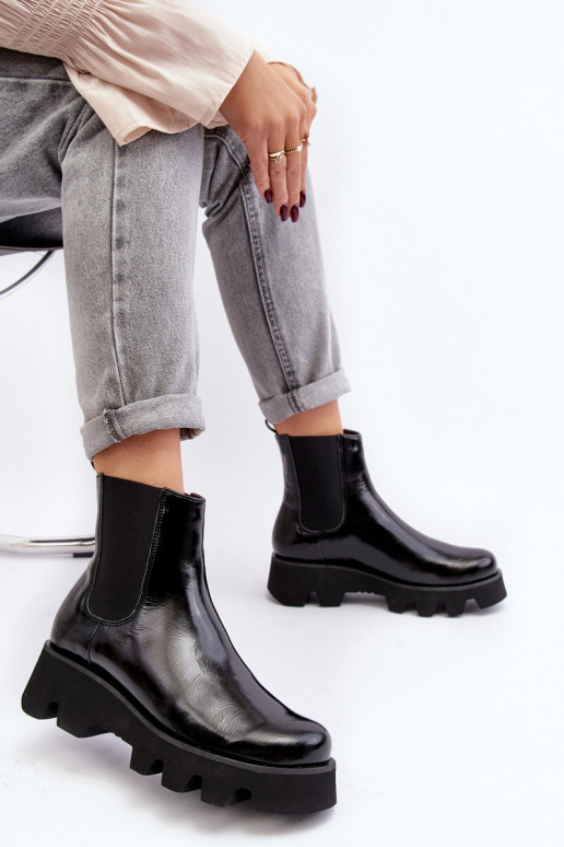 Botki Sztyblety Damskie Skórzane Na Masywnej Podeszwie Laura Messi 2571 Czarne