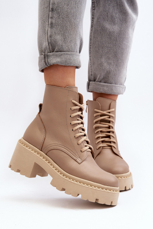 Zazoo 3413 Damskie Skórzane Botki Workery Na Masywnym Obcasie Beżowe