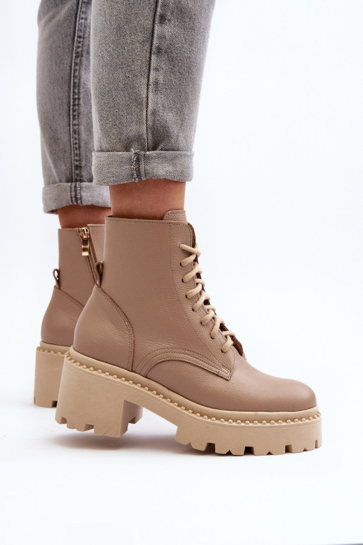 Zazoo 3413 Women's Leather Ankle Boots with Chunky Heel Beige