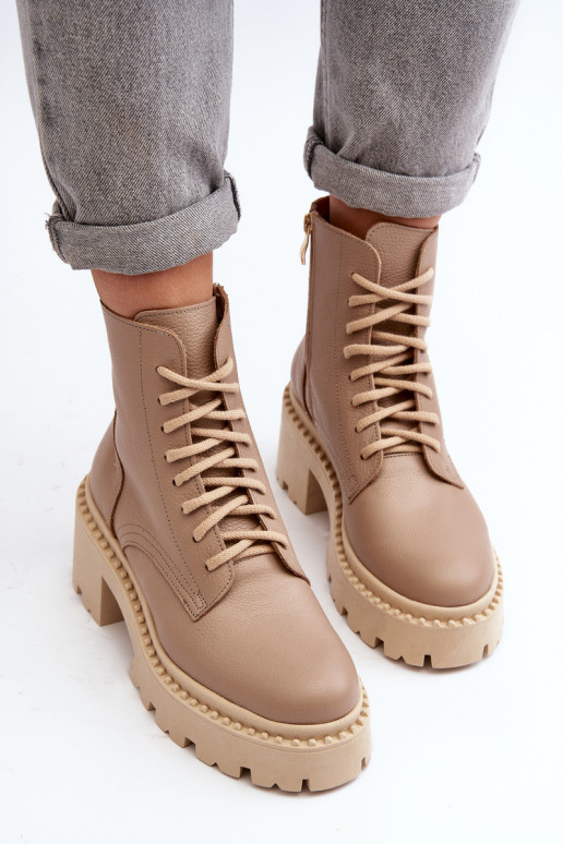 Zazoo 3413 Women's Leather Ankle Boots with Chunky Heel Beige