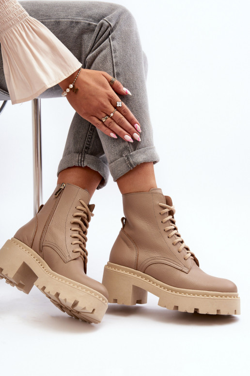 Zazoo 3413 Women's Leather Ankle Boots with Chunky Heel Beige