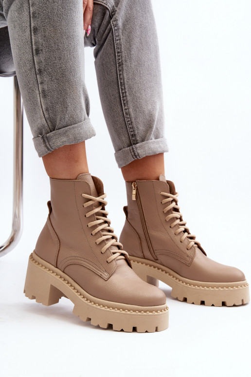 Zazoo 3413 Women's Leather Ankle Boots with Chunky Heel Beige