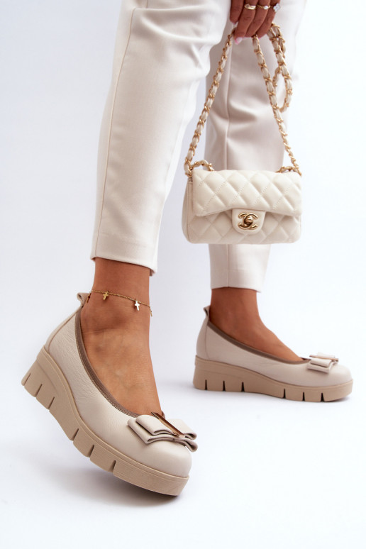 Leather Platform Ballet Flats with Cream Decoration Lewski 3384 Leather Platform Ballet Flats with Cream Decoration Lewski 3384