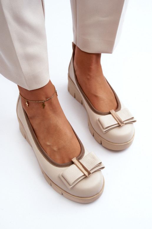 Leather Platform Ballet Flats with Cream Decoration Lewski 3384 Leather Platform Ballet Flats with Cream Decoration Lewski 3384
