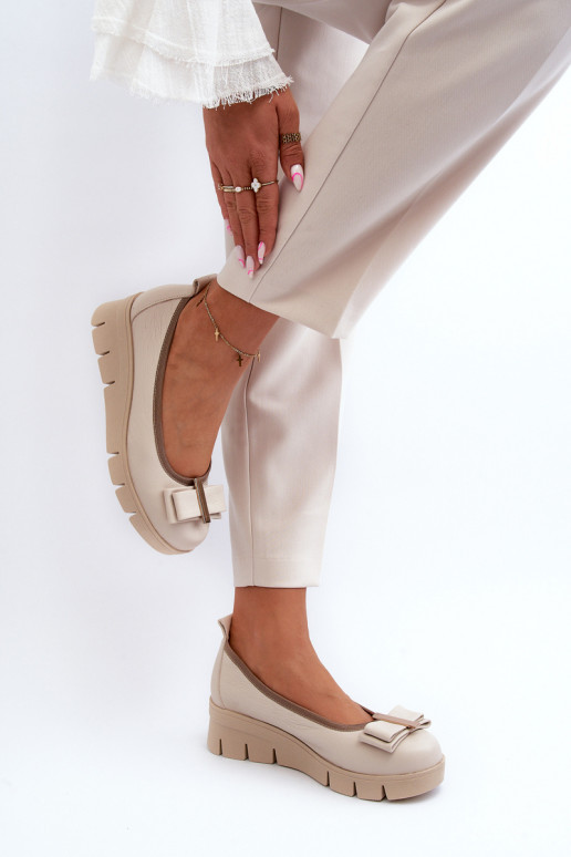 Leather Platform Ballet Flats with Cream Decoration Lewski 3384 Leather Platform Ballet Flats with Cream Decoration Lewski 3384