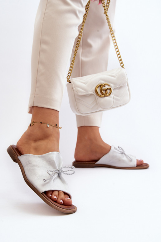 Zazoo 2659 Skórzane Klapki Damskie Srebrne