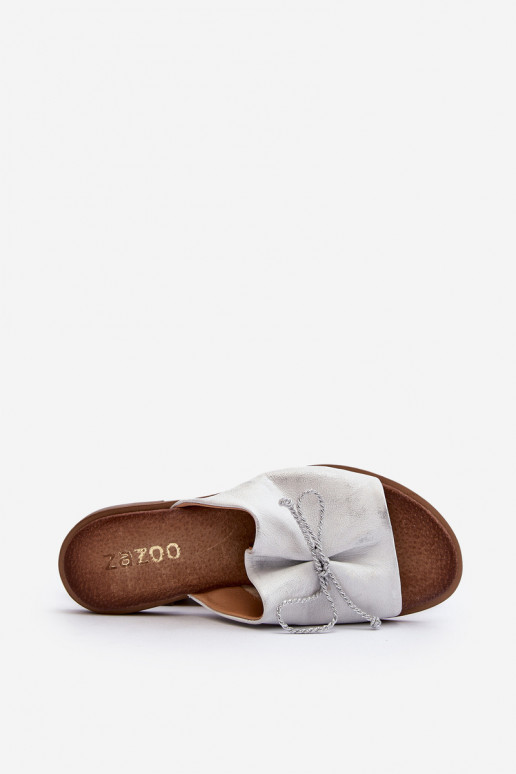 Zazoo 2659 Skórzane Klapki Damskie Srebrne