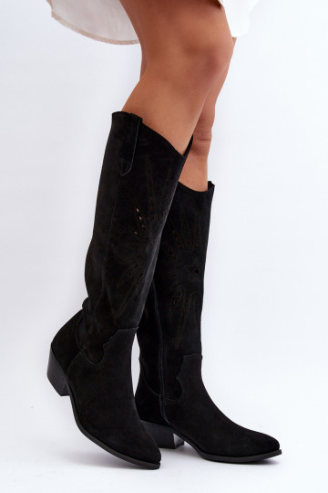 Zazoo 2909 Suede Cut-Out Boots with Low Heel Black 2