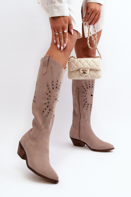 Zazoo 2909 Suede Cutout Boots with Low Heel Beige Zazoo 2909 Suede Cutout Boots with Low Heel Beige